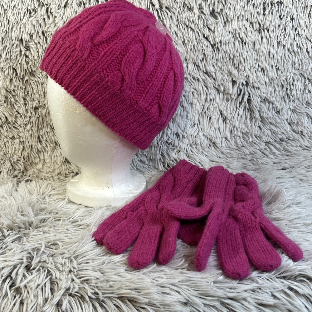 Vtg Y2K Pink Cable Knit‎ Beanie O/S Winter Hat Gloves M/L Set GAP Lamb's Wool